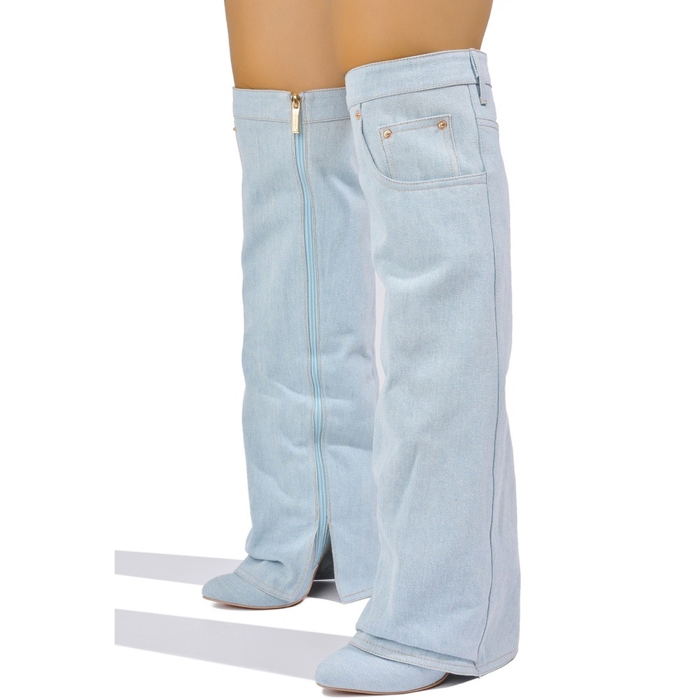 Blue Denim Knee High Boots